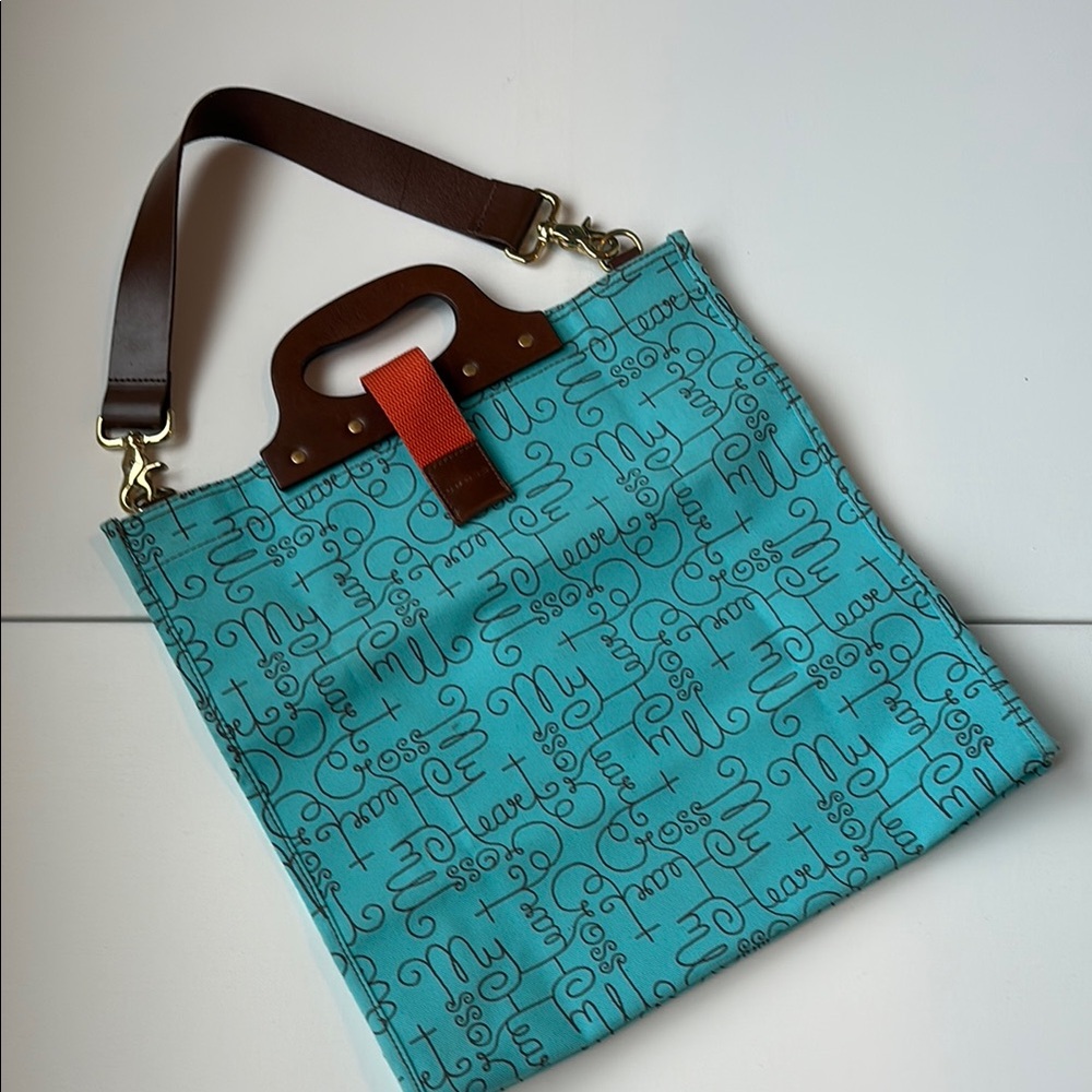 Teal and Brown Cotton Canvas Tote with Script Design 15.5h x 15.5 l x 4.5 wide